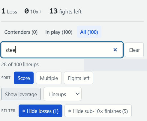 Real UFC fighter search for stee showing 28 of 100 lineups, with the loss filter still active.