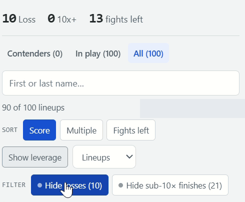 Real UFC lineup controls with Hide losses selected, 90 of 100 lineups shown, and Score, Multiple, and Fights left sorting.